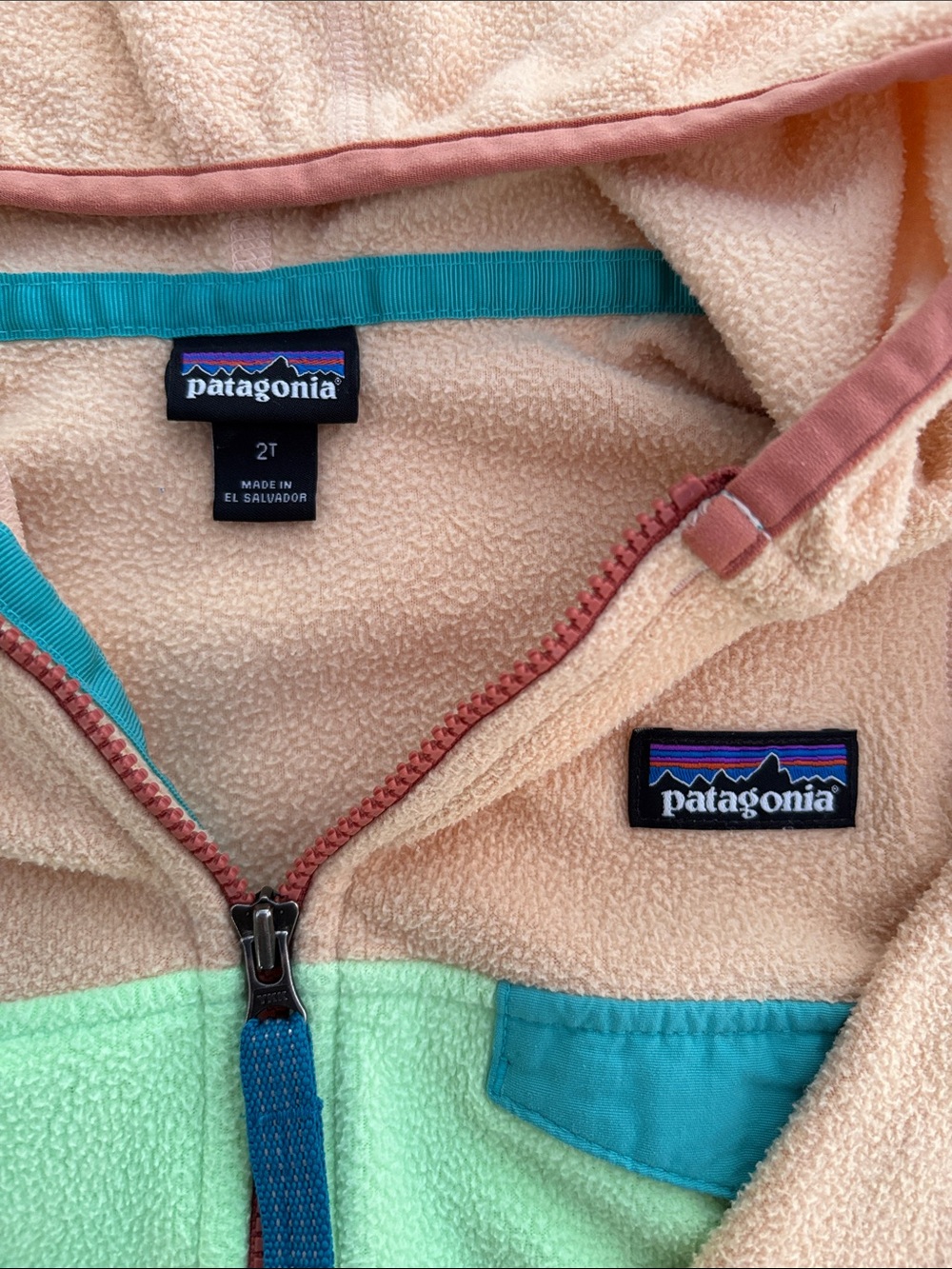 Patagonia Micro D Snap-T Fleece Jacket 2T Salamander Green Tan Colorblock - Picture 2 of 7